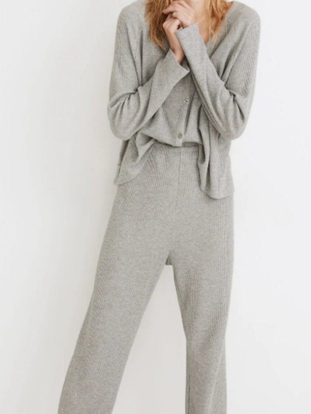 Madewell Waffle Knit Button-Front Pajama Top/Bottom Set in Salt/Pepper Heather